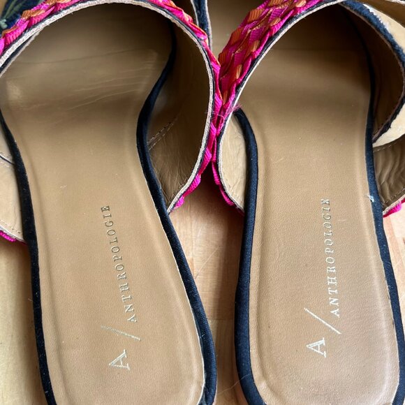 SIZE 38 7.5 8 Anthropologie Paz Boho Embroidered Woven Ribbon Black Mules Slides - Picture 7 of 11
